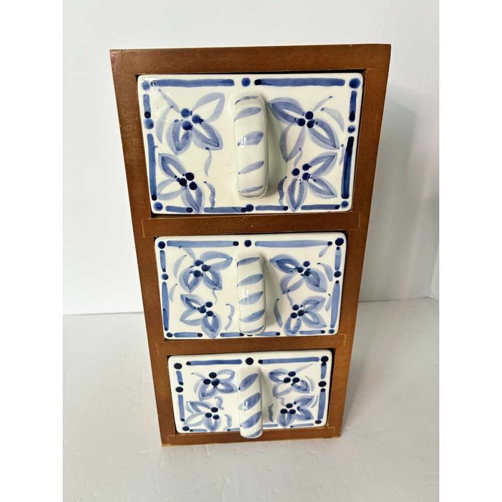 Vtg Lillian Vernon Wood Blue White Ceramic 3 Drawer Apothecary Tea Storage Chest